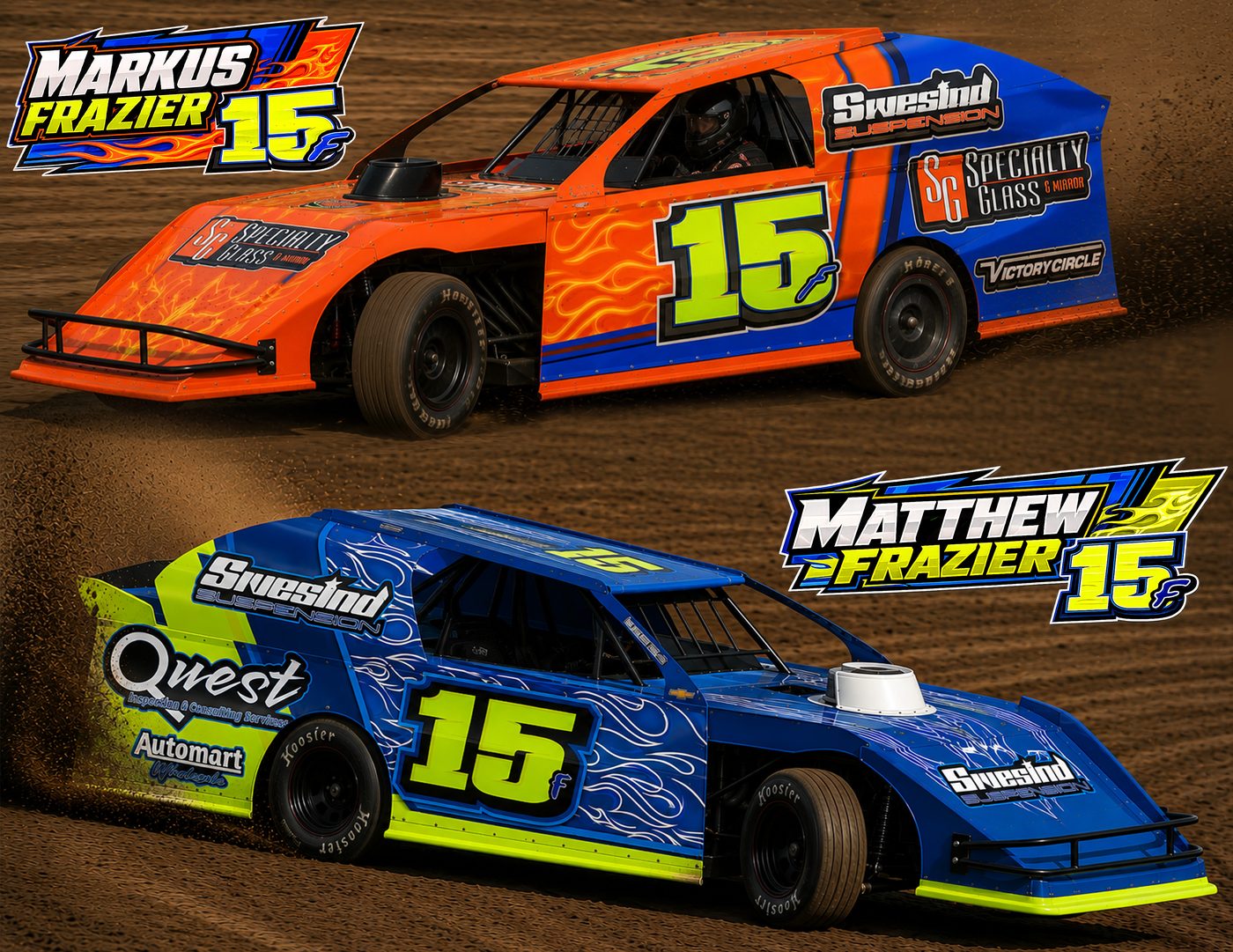 Markus Frazier #15F orange Modified and Matthew Frazier #15F blue SportMod — Frazier Motorsports 2026